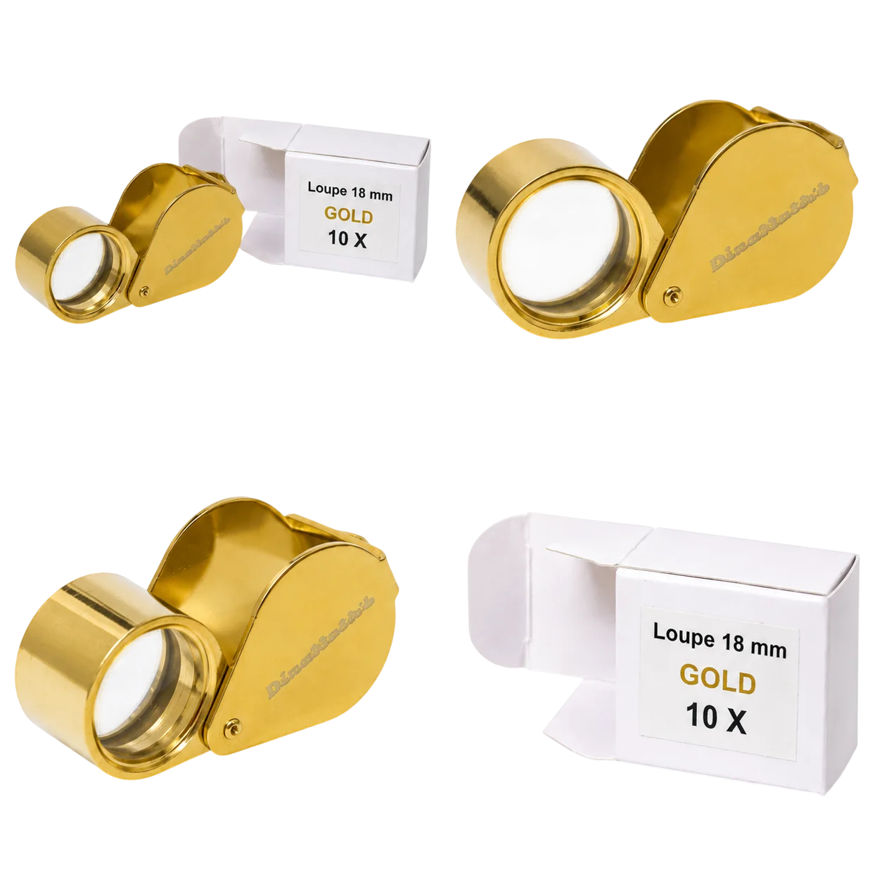 Dinanath's 10X magnification, 18 mm lens loupe with a gold-colored finish