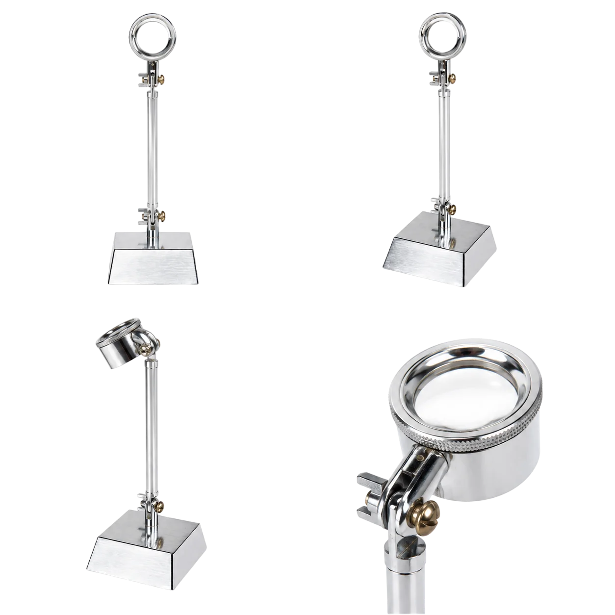 jeweler's eye loupe with a chrome-finished stand for hands-free use